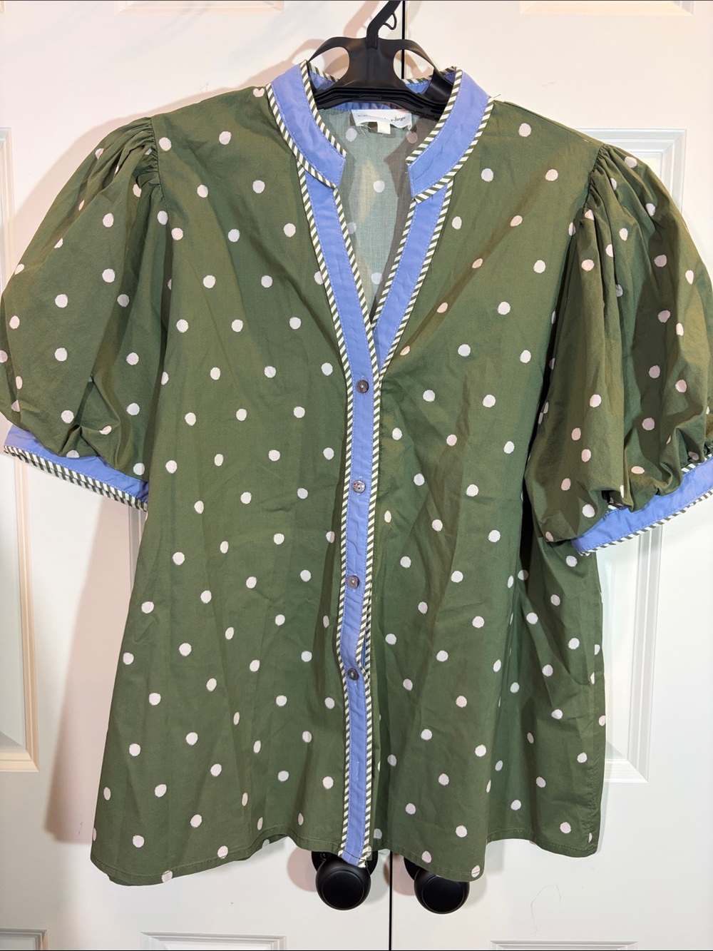 entro Olive Green Polka Dot Puff Sleeve blouse with Blue Trim